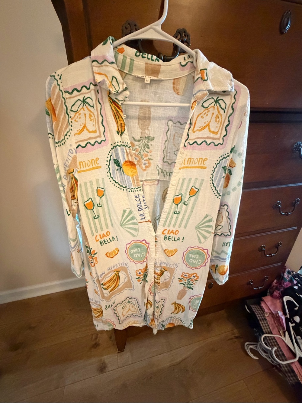 Women’s Printed Lemon & Floral Long Shirt Dress - White/Yellow
